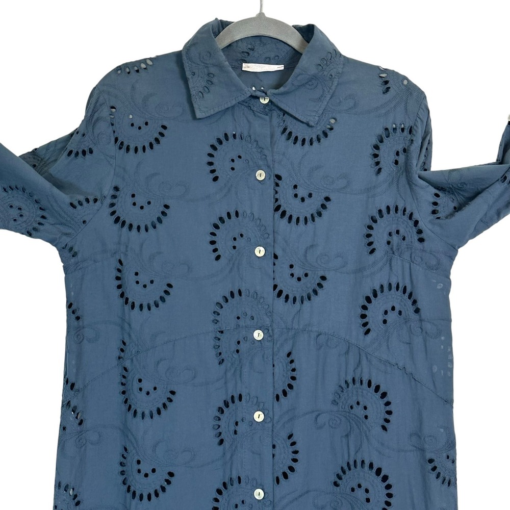 Italian Cotton Eyelet Shirt Dress Blue Embroidered Tunic Long Sleeve L - Picture 4 of 11